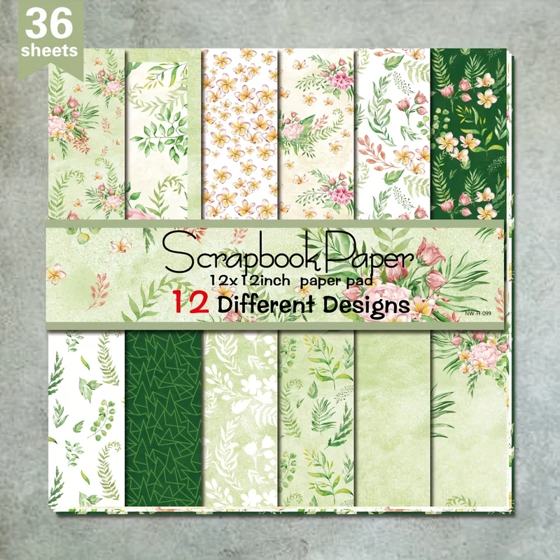 36 Sheets 12"x12" DIY Scrapbook Paper, Green Flower Material Paper Colorful Decorative Gift Scrapbooking Supplies Kit Aesthetic Decorative Gift Wrapping Album Paper Craft Supplies