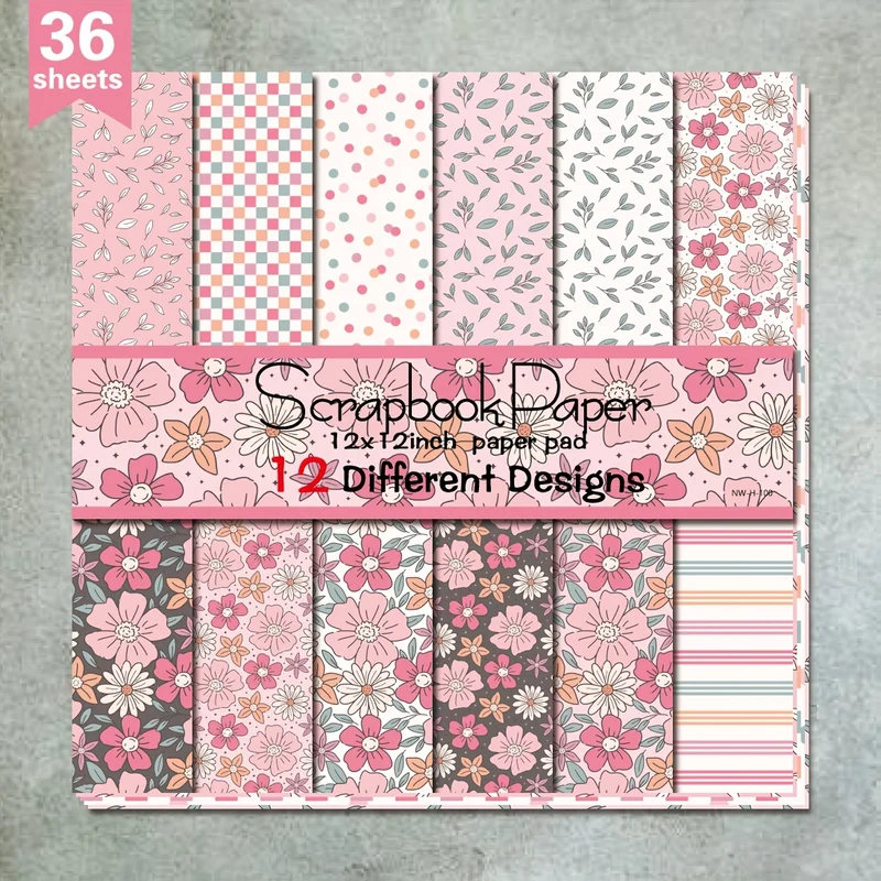 36 Sheets 12"x12" DIY Scrapbook Paper, Pink Flower Material Paper Colorful Decorative Gift Scrapbooking Supplies Kit Aesthetic Decorative Gift Wrapping Album Paper Craft Supplies
