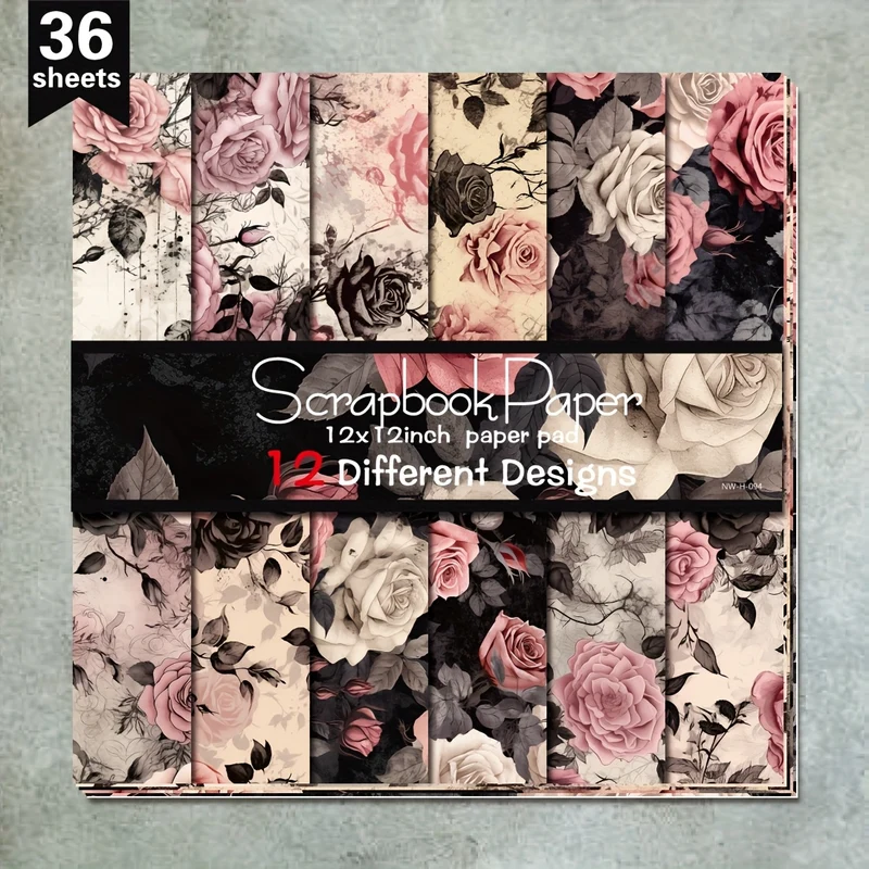 36 Sheets 12"x12" DIY Scrapbook Paper, Black And Blue Flower Material Paper Colorful Decorative Gift Scrapbooking Supplies Kit Aesthetic Decorative Gift Wrapping Album Paper Craft Supplies