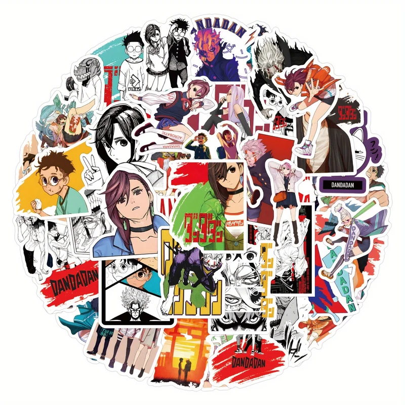 55pcs DANDADAN Vinyl Decals Set, Cartoon Anime Designs, Self-Adhesive, Reusable, Irregular Shapes, Mixed Colors, Suitable for Glass, Fabric, Metal, Ceramic Surfaces, with DIY for Laptop, Phone, Guitar, Water Bottle, Car, Bicy