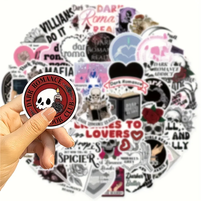 50pcs Gothic & Romantic Dark Reader Stickers - Waterproof PVC, Reusable Decals with Skulls, Roses, Books & More for Scrapbooking, Journals, Laptops, Skateboards, Bottles, Phones - Mixed Colors, Self-Adhesive, Scrapbook Sticke