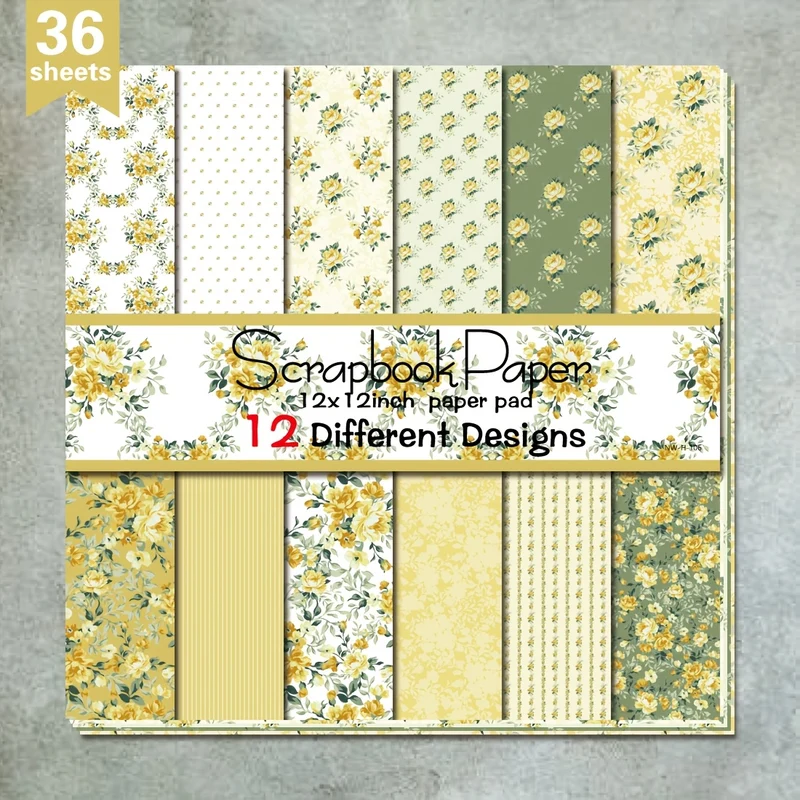 36 Sheets 12"x12" DIY Scrapbook Paper, Yellow Rose & Retro Style Material Paper Colorful Decorative Gift Scrapbooking Supplies Kit Aesthetic Decorative Gift Wrapping Album Paper Craft Supplies