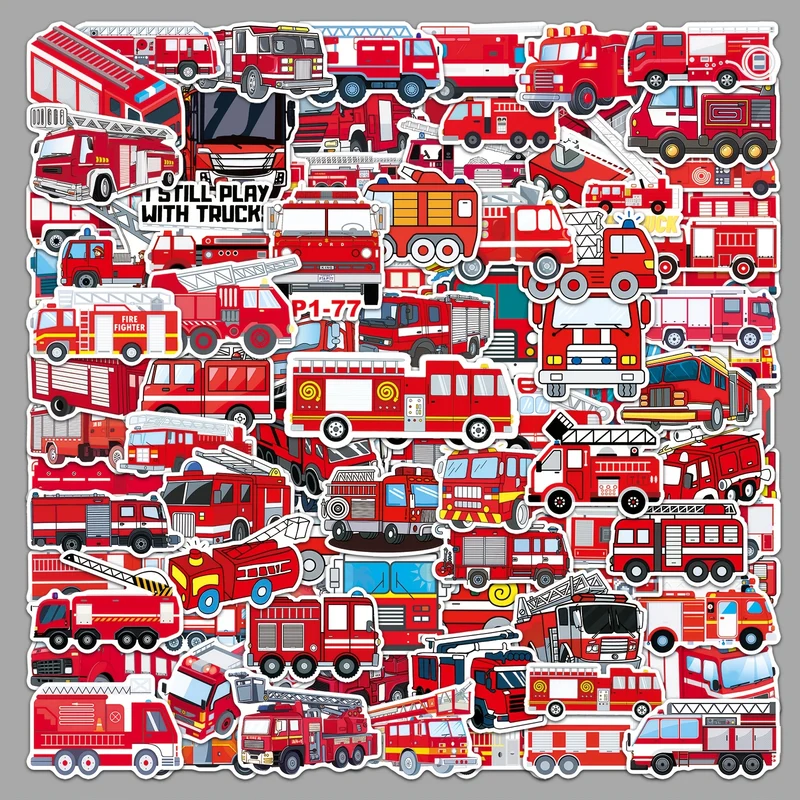 100pcs Fire Truck Vinyl Stickers, Cartoon Theme, Mixed Color, Self-Adhesive, Reusable, Glossy Finish, Irregular Shape, Crystal Embellishment, for Scrapbook, Diary, Skateboard, Water Bottle, Car Decoration, Glass Surface Recom