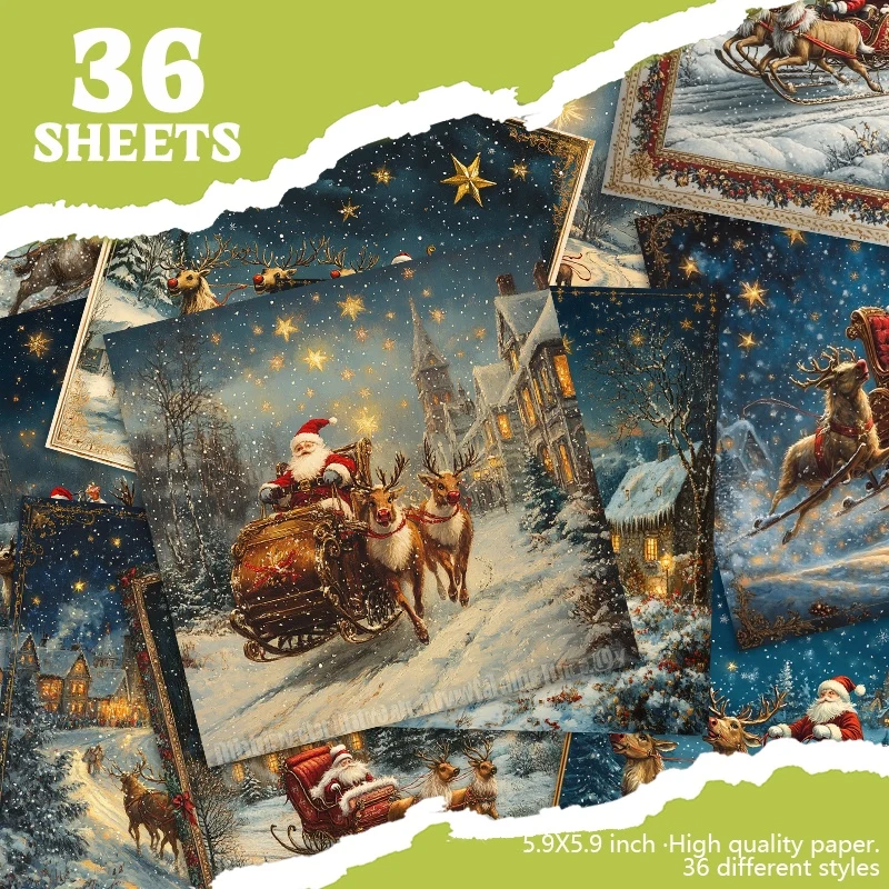 36 Sheets of Christmas Village Illustration Scrapbook Paper Under The Winter Night Sky, Decorative Paper Suitable for Grunge Diary Background Decoration Handmade Scenes, DIY Crafts, Journal Embellishment, Holiday Theme, Festi