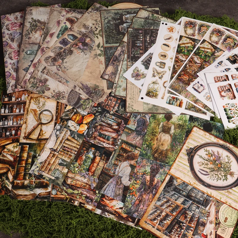 231pcs (Background Paper, Cards, And Stickers)Forest Magical Herb Theme With Crystal And Herb Jar Patterns Suitble For Scrapbook Paper Set, Scrapbooking Supplies, Junk Journal Kits, DIY Crafts, Background Pad, Greeting Card,