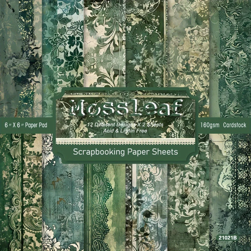 24 Sheets Vintage Moss Green Scrapbook Paper - Distressed Baroque Floral Damask Patterns, 6x6 Inch Heavyweight 160gsm Acid-Free Cardstock for Journals, Cards, Albums, Gift Wrapping - 12 Unique Designs (2 Each), Journal Writin