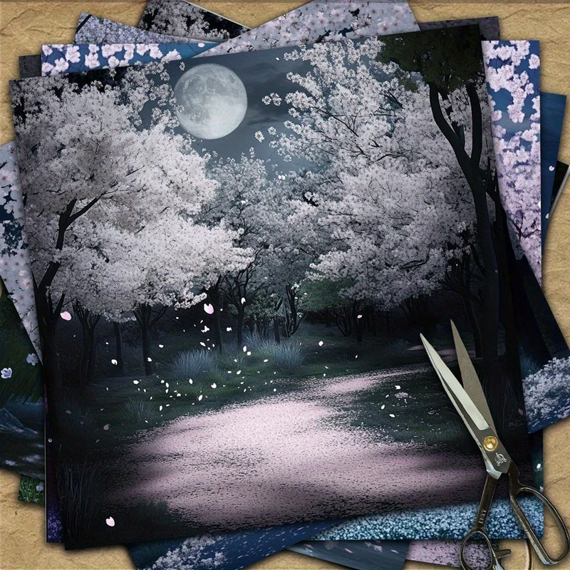 [Romantic Scrapbook Paper] 108pcs Moon & Cherry Blossom Scrapbook Paper - Romantic Night Sky, Waterfall & Sakura Tree Designs, Matte Finish, Water-Soluble, Ideal for Backgrounds, Diaries & Crafts, Craft Paper | Serene Design