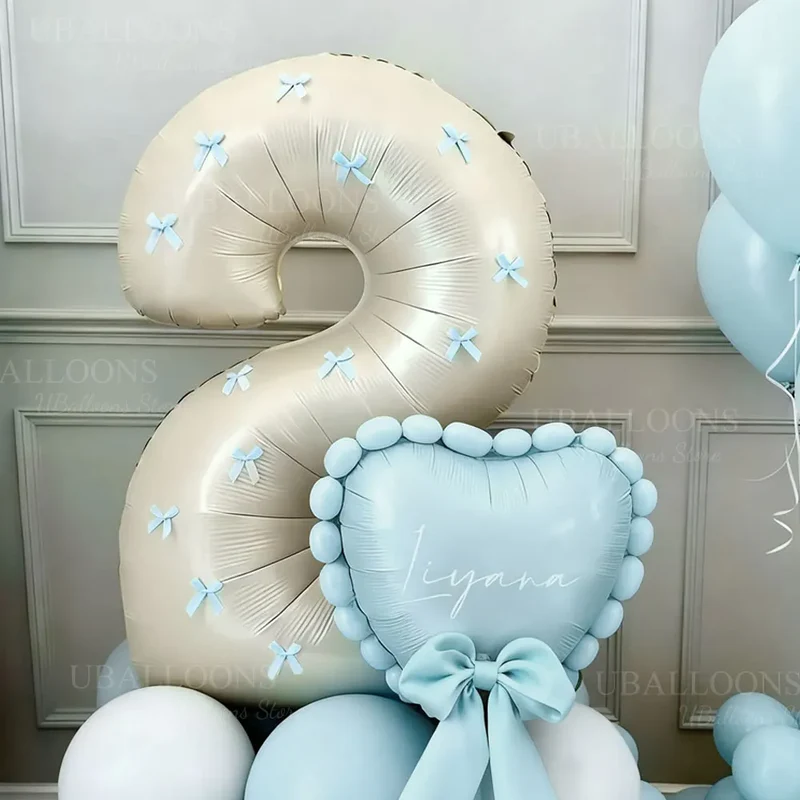 32 Inch Cream Number Balloon with Blue Bows 1 2 3 4 5 6 7 8 9 Baby Blue Bow Beige Number Balloons for Birthday Baby Shower Decor