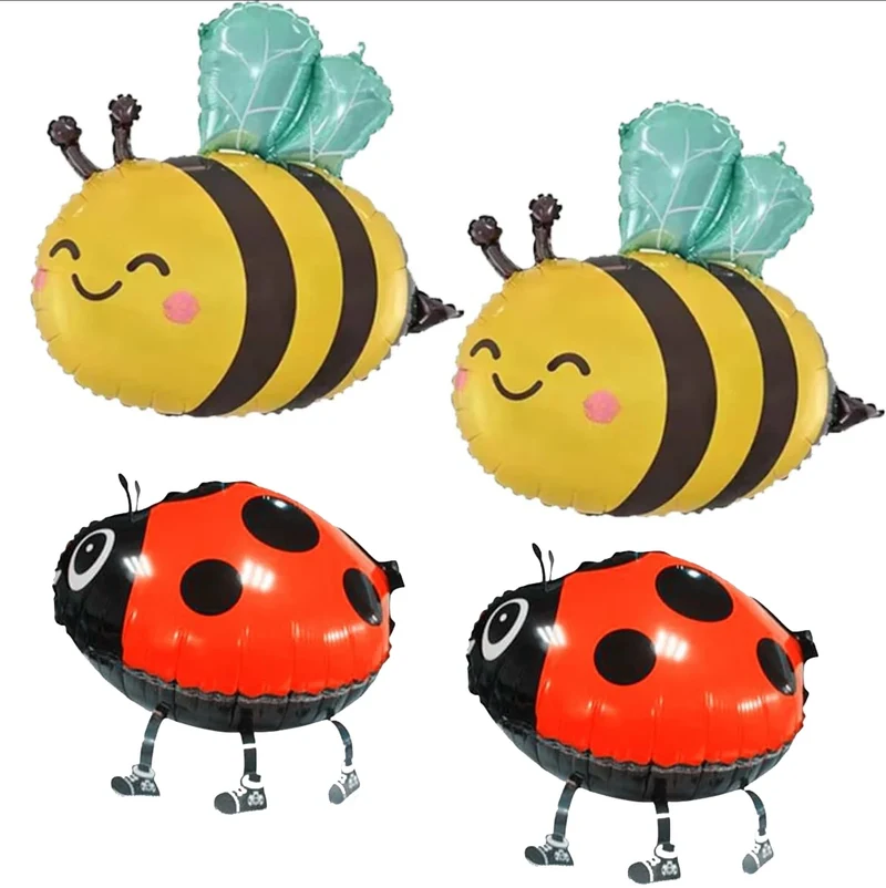 Cartoon Bee & Ladybug Balloons (4 Pcs) - 2 Big Smiling Bees & 2 Walking Ladybugs for Baby Showers, Birthdays Bee Theme Decor