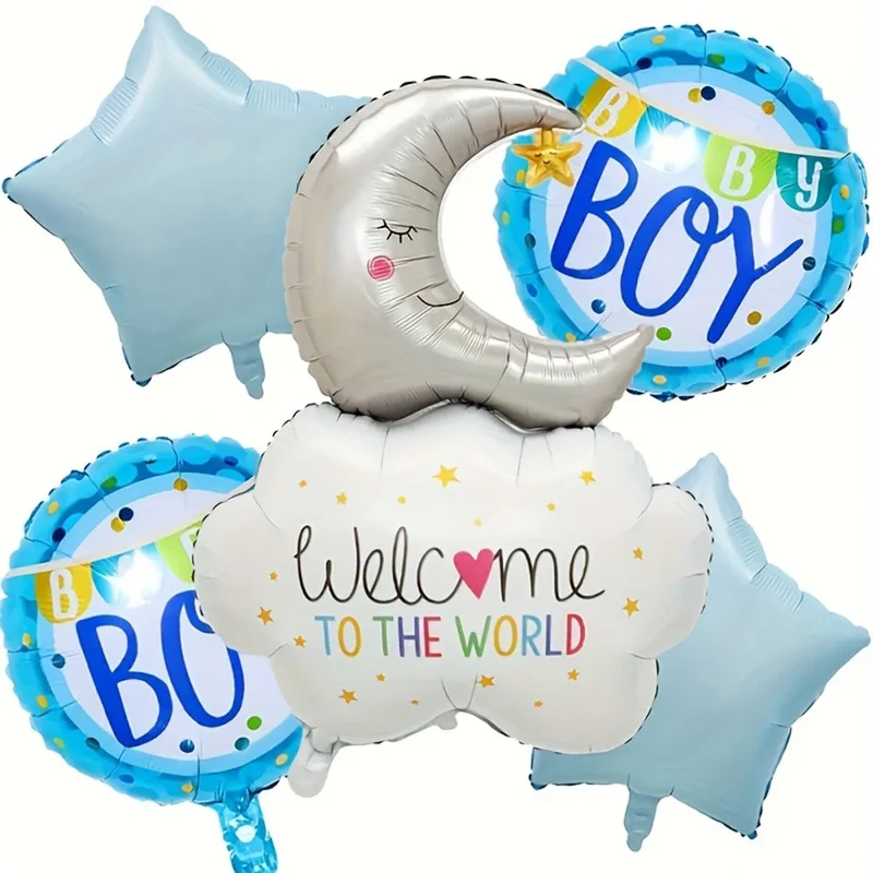 5pcs Baby Shower Balloons Decoration Cloud Moon Welcome to the World Blue Pink Baby Boy and Girl Gender Reveal Decoration