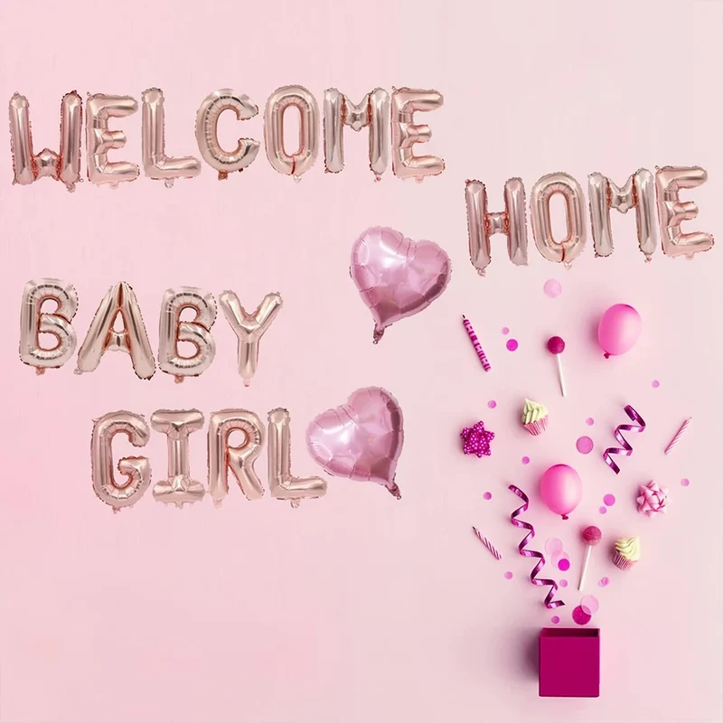 21pcs Baby Girl Party Ballons Decorations WelcomeHome Balloon Set Pink Foil Balloons Balloon Decoration