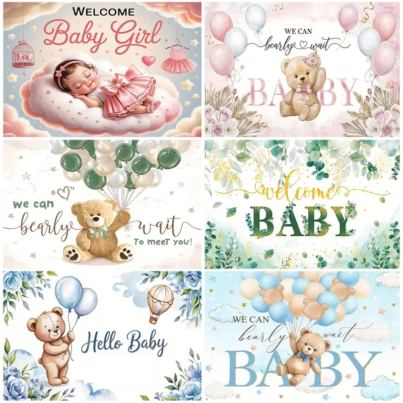 Cartoon Teddy Bear Welcome Baby Background Newborn Girl Boy Birthday Party Decorations Photography Backdrop Baby Shower Supplies