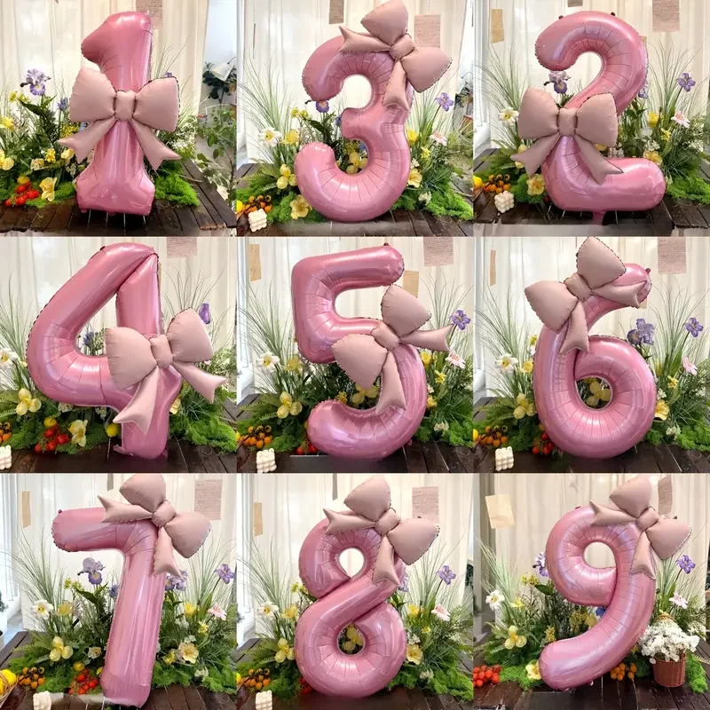 Bow Number Foil Balloons Pink 0-9 for Girls Women Birthday Anniversary Baby Shower Princess Party Decor Inflatable Supplies
