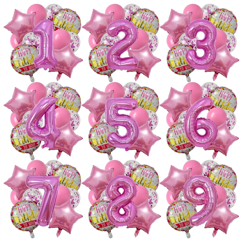 13pcs/bag Pink Balloons Mixed Number Balloons Birthday Party Decorations Girls Birthday Balloons 1 2 3 4 5 6 7 8 9 10 Years Old
