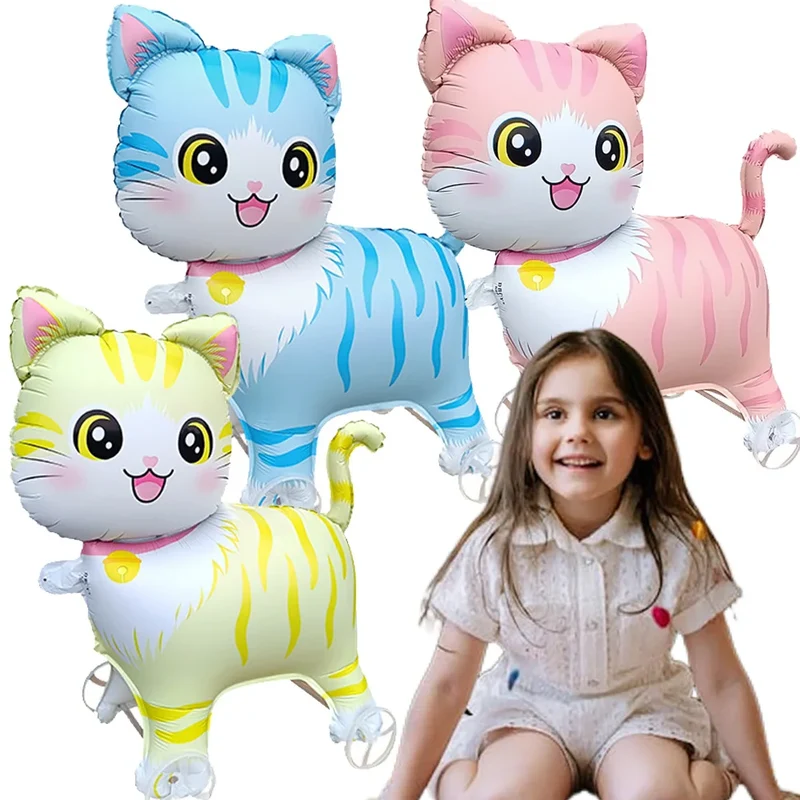 Cute Cartoon Pet Cat Standing Balloon Inflatable Balloon with Wheels Kids Birthday Party Baby Shower Decor Kids Favor Gifts