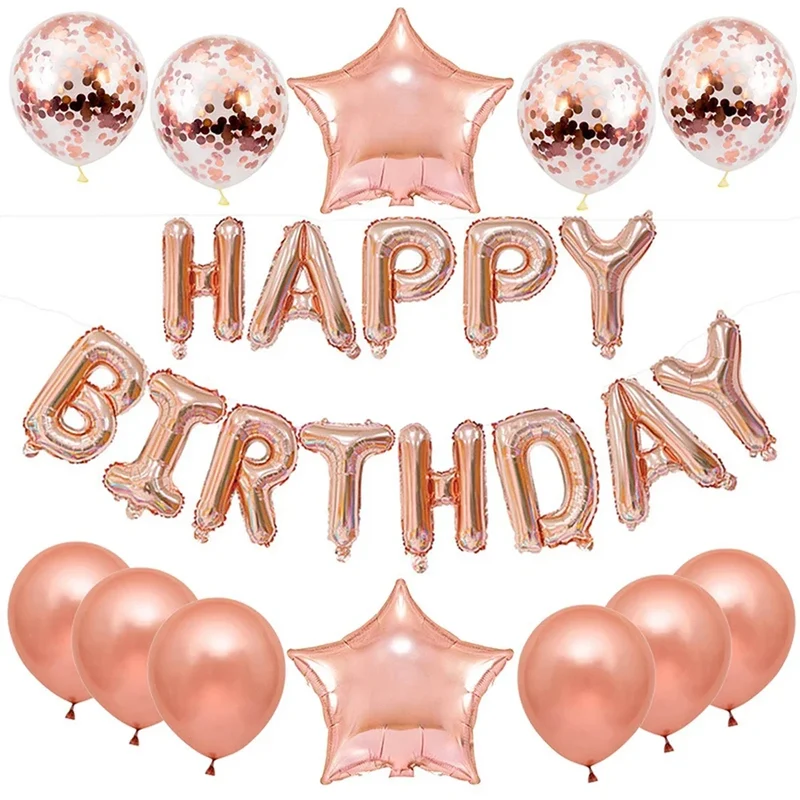 25pcs Balloons Set with Happy Birthday Banner Silver Blue Black Rose Gold Baby Shower Birthday Latex Balls