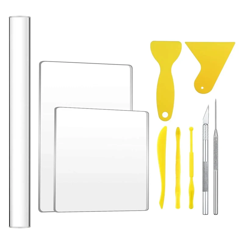 10x Acrylic Clay Roller with Acrylic Sheet Backing Board Assisted Shovel Rubber Clay Tools Hand-Made DIY Clay Tool Materials