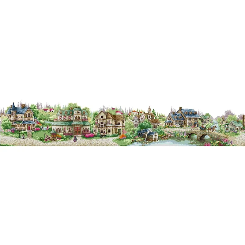 European Town Scenery Pattern Cross Stitch Kits DIY Handmade Needlework Aida 14CT 16CT 11CT White Printed Fabric Embroidery Set