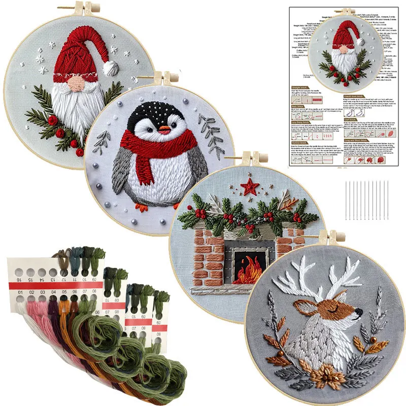 Christmas Embroidery Kit Cross Stitch with EN Instructions,Thread,Tool, Stamped Cloth for Christmas Decor