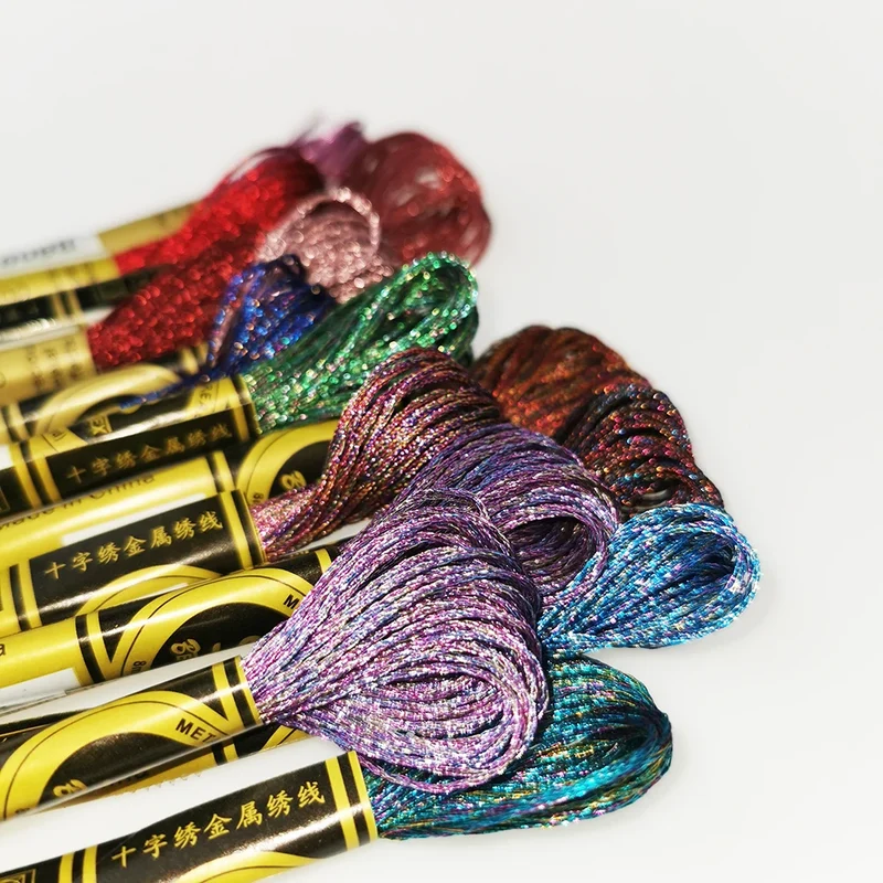 Multicolor Metallic Embroidery Thread Shiny Cross Stitch Floss Threads on Skeins DIY Sewing Kit