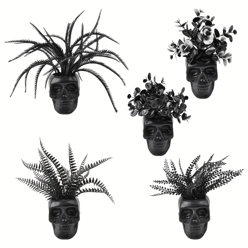 5 Kind Black Artificial Plant With Pot Halloween Decoration