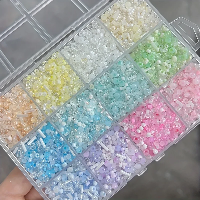 Jewelry Making Kit - 12 Grid Mixed Color Transparent Glass Rice Beads, DIY Jewelry Supplies for Friendship Bracelet Necklace Key