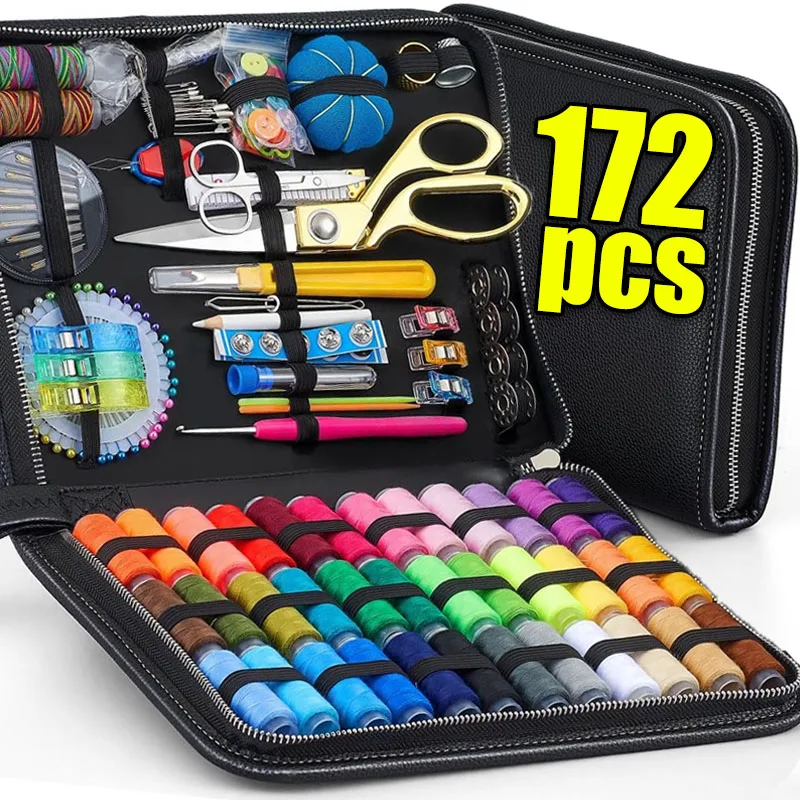 172/128/67/27pcs/set Sewing Kit with Threads Needles Scissors Tape Measure Buttons Storage Bag Portable Travel Sewing Box Tools