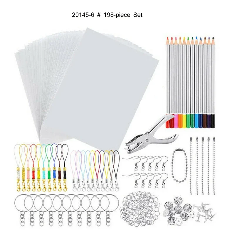33/145/198PCS DIY Drawing Art Supply Shrinky Art Paper Heat Shrink Sheet Plastic Kit Hole Punch Keychains Pencils