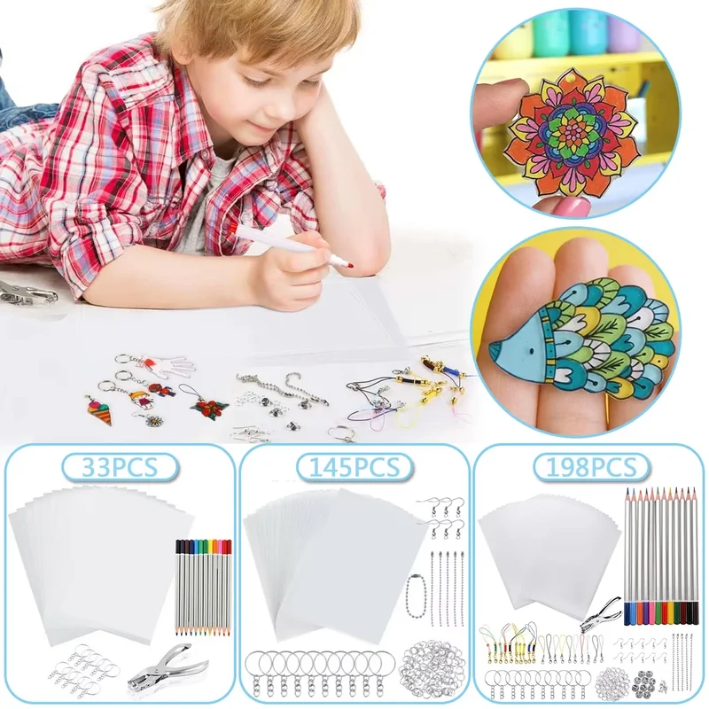 33/145/198Pcs Shrink Plastic Sheet Kits Shrinky Art Film Paper Punch Keychains Earring Pencils DIY Kit for Crafts Accessories