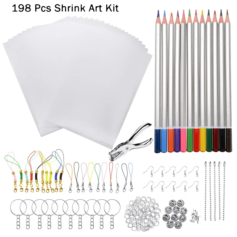 145/198/245Pcs Heat Shrink Plastic Set Shrinky Art Film Paper Sheet Punch Keychains Earring Pencils DIY Drawing Art Ornaments