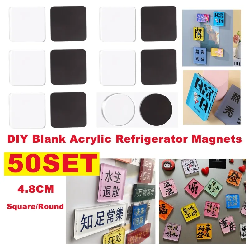 50 Sets Acrylic Refrigerator Magnet DIY Kit with Self-adhesive Ultra-transparent Magnetic Sheets for Handmade Crafts for Office