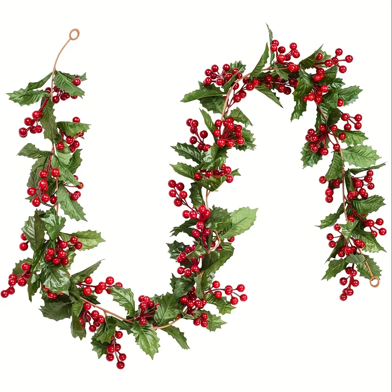 1pc Vibrant Red Berry Garland - Flexible Artificial Berry Decoration for Indoor Outdoor Home Fireplace, Winter Christmas Holiday New Year Decor, Door, Home, Garden, Outside, Office, Cafe Decor with Realistic Look and Easy Set