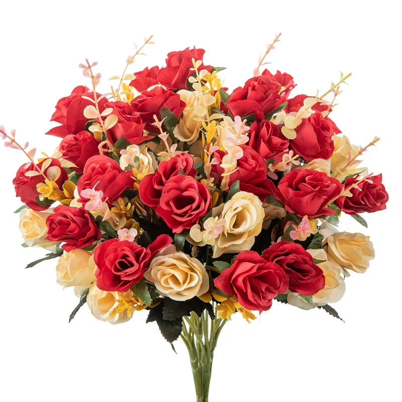 12 Heads Artificial Flowers Silk Mini Roses with Leaf Bouquet for Home Hotel Wedding Christmas Tables Decorations Bridal Bouquet