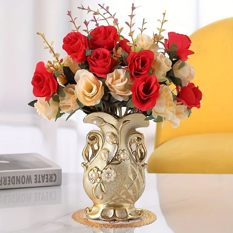 A Set of Artificial Roses with a Golden Ceramic Decorative Vase, Including a Small Vase, Two Bundles of Artificial Flowers, And a Flower Mat, Suitable for Decorating Dining Tables, Weddings, Bedrooms, Hotels, Restaurants, Bar