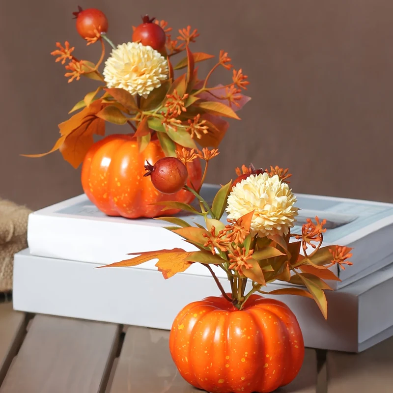 1pc, Fall Pumpkin Decoration with Maple Leaves and Berries - Realistic Artificial Potted Plant for Table Centerpiece, Halloween Party, and Thanksgiving
