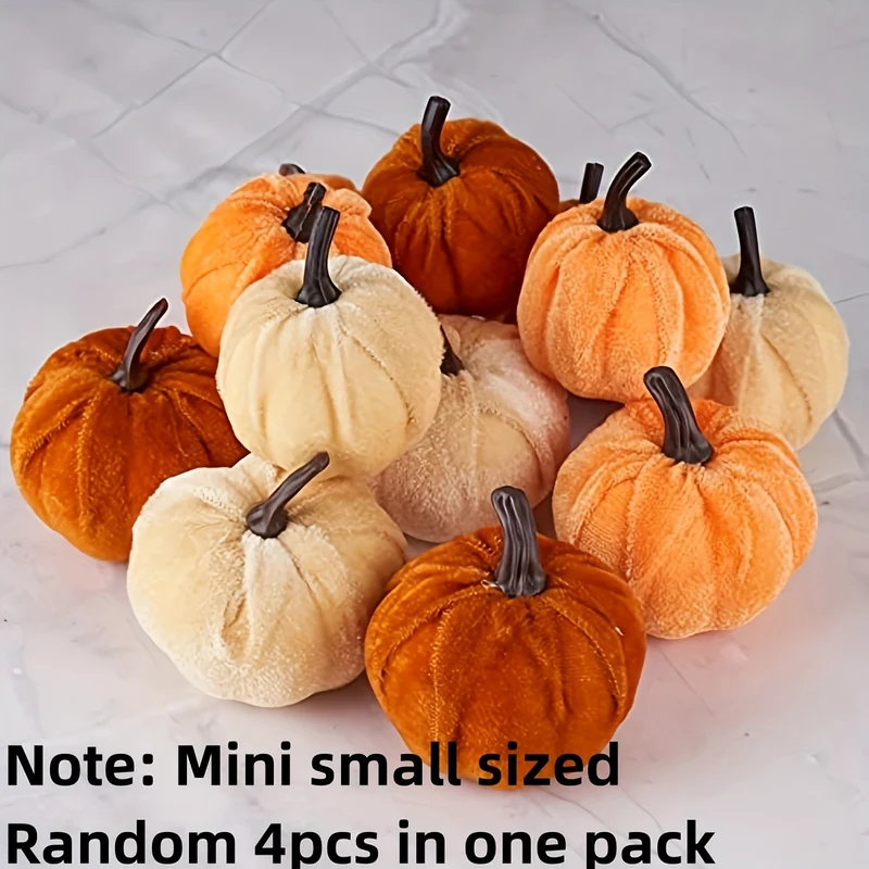 4pcs Velvet Pumpkins Decoration Set - Soft-Touch Artificial, High-Quality Fake, Plush Velvet Fabric - Add Warmth and Cozy Ambiance to Your Home, Perfect for Autumn, Fall Season, Rustic Farmhouse, Harvest Festival, Thanksgivin