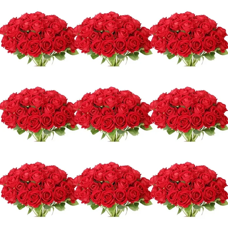 102 PCS Fake Roses Artificial Flowers Bulk Red Roses Silk Faux Rose with Stems for Wedding Flowers Decoration Valentine's Day B