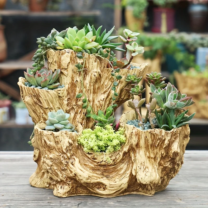 1pc, Faux Wood Succulent Planter Artificial Driftwood Planter Stump Log Like Container Pot For Home&Garden NO Plants