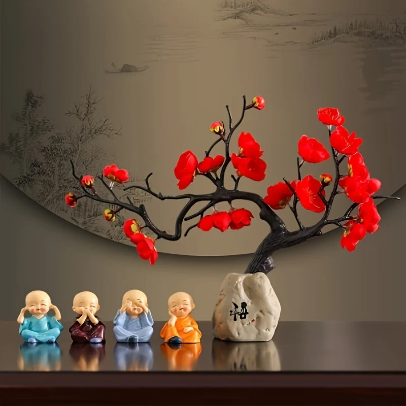 1pc, Chinese Style Artificial Potted Plum Blossom, Fake Bonsai Flowers, Faux Plants Indoor Outdoor For Dinner Table, Office Desk, Garden Table, Home Decor, Room Decor, Spring Festival Decor